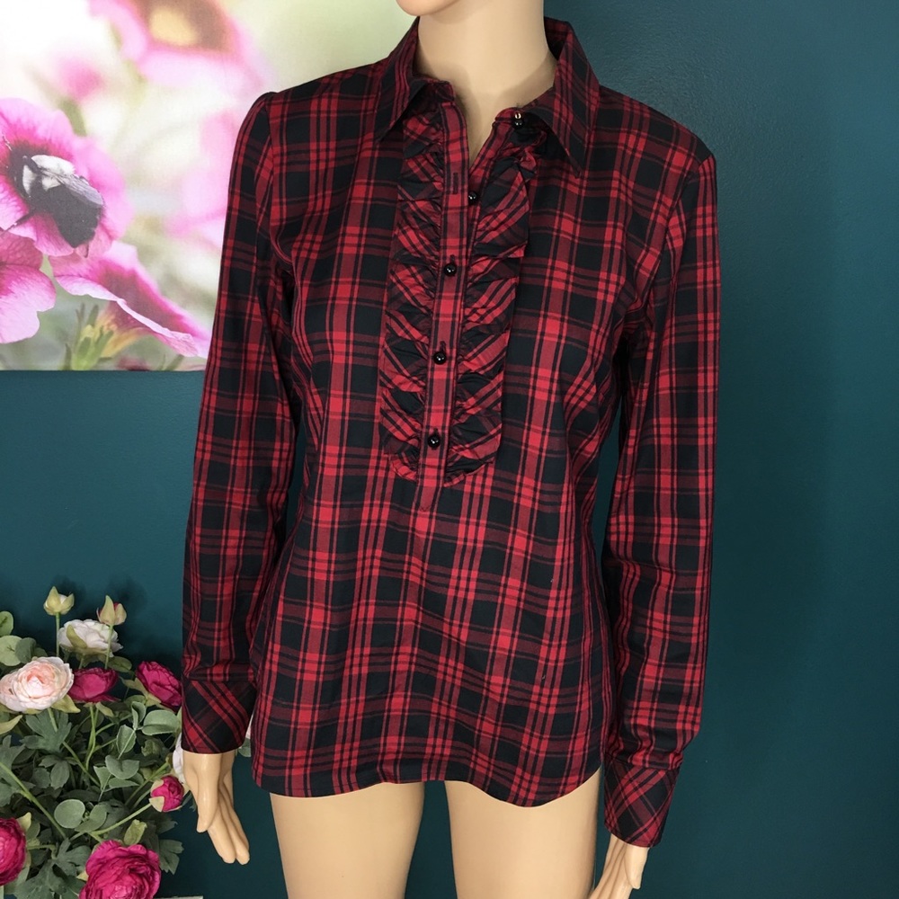 EUC Talbots Black & Red Plaid Top Size 2